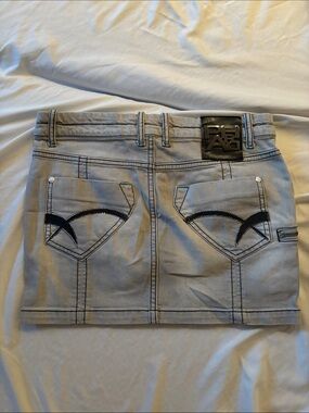 Vintage Y2K Phard Denim Mini Skirt 30 Low Rise Embellished Euro Gray Zipper Rose